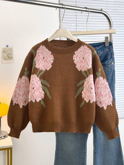 青少年女孩时尚多色提花大花宽松针织毛衣，深灰色，适合日常穿着、派对、度假、秋冬