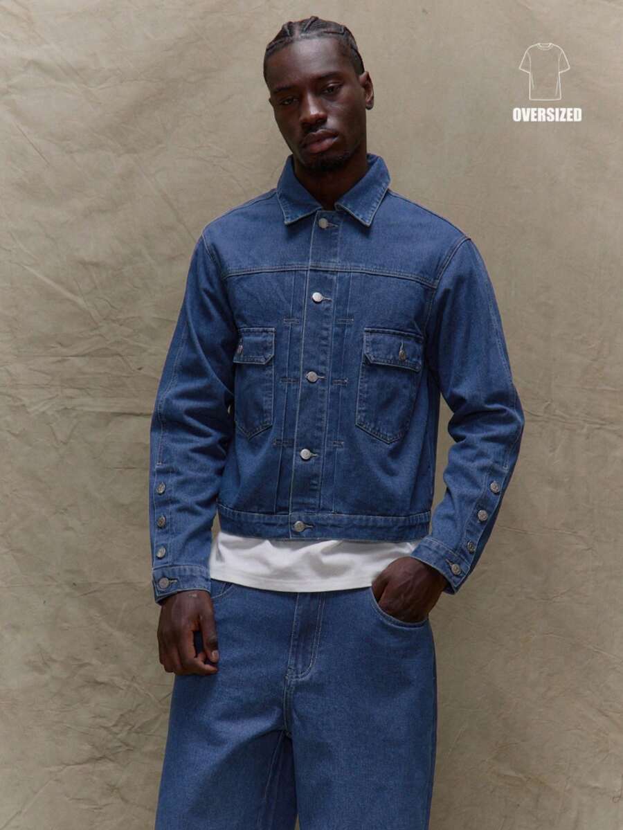 Musero Chaqueta vaquera de ajuste holgado y cuadrado con botones y mangas abotonadas para hombre, apta para otoño, verano y primavera - Azul lavado oscuro - Ver 1