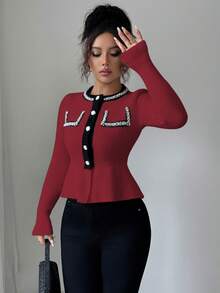 Elenzga Women's Contrast Color Pearl Decor Long Sleeve Cardigan - Burgundy - View 6