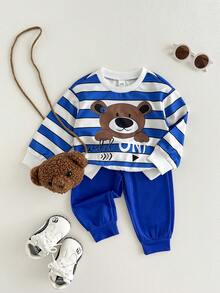 SHEIN Playful Pals 2 Stück/Set Kleinkind/Säugling Kinder Cartoon Bär Muster blau & weiß gestreifter Sweatshirt und Hose Set, geeignet für Herbst/Winter, Säuglingssportoutfit Set, Säuglings blauer Sportanzug Set, Säuglings/Baby Jungen Winterbekleidung, Säuglings/Baby Jungen Streetwear Set, 6M-3T Säuglings/Baby Jungen Sportanzug Set, Baby Jungen Streetwear, Säuglings/Baby Jungen Bekleidung, Jungen Sportanzug Set, Säuglings/Baby Jungen Streetwear blauer Outfit Baby Jungen Baby Lässig Outfit Baby Jungen Trainingsanzug - Blau - Übersicht 7