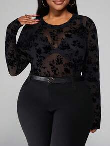 SHEIN PETITE CURVE 大码女式圆领长袖休闲上衣 - 黑色 - 查看 5