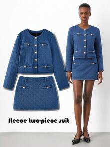 Maija Women's Velvet Denim Suit,Elegant Winter Set With Jacket&Skirt,Gold Metal Buckle,French Workplace Old Money Style,Blue,Autumn,Casual,Elegant,Occasion - Medium Wash - View 5
