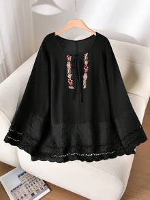 CosyJoli Plus Size Women's Black Shirts, Lace Shirts, Autumn Clothing Tops, Colorful Lace Tops, Comfortable Babydolls - Black - View 5
