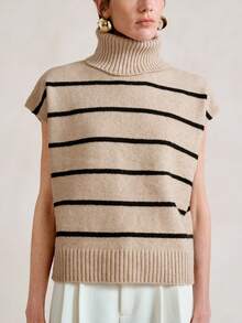 Aalyst Blusa de punto de cuello alto y rayas elegante para mujer - Caqui - Ver 4