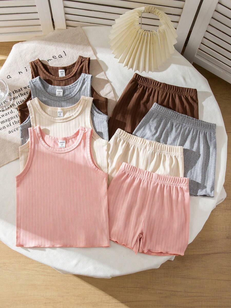 8 件套少女罗纹针织圆领吊带背心和短裤套装，休闲分层内衣，有灰色、棕色、米色、粉色可选，秋冬