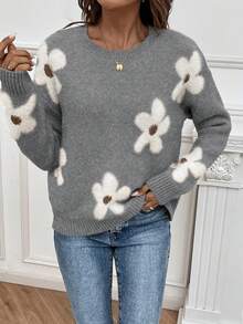 EMERY ROSE 女士休闲花卉图案落肩宽松套头衫，适合秋冬日常通勤 - 灰色 - 查看 6