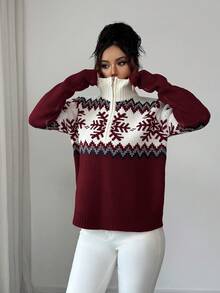 SHEIN Elenzya 优雅女士费尔岛图案拼色拉链毛衣，圣诞节设计，秋冬 - 酒紅色 - 查看 5