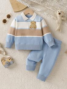 Chłopięcy sweterek i spodnie w paski z uroczym misiem, 2 sztuki, wygodny zestaw na co dzień, na imprezy i codzienne aktywności jesienią/zimą