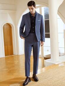 Manfinity Bizformal 男士纯色直领长袖前扣时尚商务西装 T2527，蓝色