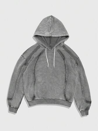 Sudadera con capucha casual lavada y suelta con caída de hombros y cordón, para otoño