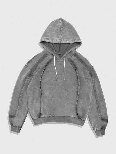 Men's Casual Washed Loose Drop Shoulder Punk Drawstring Hoodie, Autumn