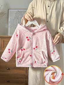 SHEIN Vintaside Kids 少女心可爱粉色樱桃时尚舒适连帽长袖外套秋冬 - 紅色 - 查看 4
