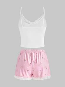 ROMWE Kawaii Conjunto de pijama de camiseta de tirantes y pantalones cortos con encaje y diseño de ciervos lindos y dulces - Albaricoque - Ver 2