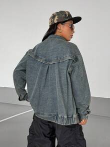 StreetHx 女式休闲水洗拉链落肩牛仔夹克，秋季 - 藍色 - 查看 2