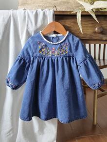 Vintaside Kids 1pc Girls Autumn Dress,Blue Floral Embroidered,Round Neck With Lace Trim,Long Sleeves,Elegant Party Princess,Vintage French Style Casual Dress - Medium Wash - View 4