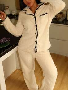 2pcs Lowkey Lull Almond Cream Soft & Simple Ribbed Casual Lounge Long Sleeve Top & Pants Fluffy Pajama Set, Minimalist Unisex Sleepwear For Women, Cozy Winter Clothes - Apricot - View 5