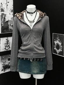SHEIN PETITE Women's Leopard Faux Fur Hooded Gray Jacket - Grey - View 1