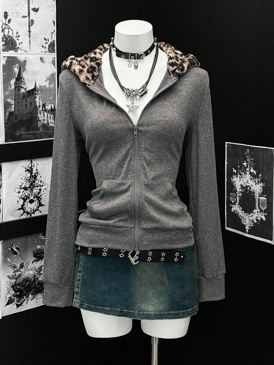 SHEIN PETITE Women's Leopard Faux Fur Hooded Gray Jacket - Grey - View 1