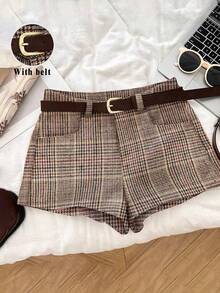 Franclia Petite Terno de lã xadrez versátil e retrô com cinto, versátil para outono/inverno, combinando com shorts casuais - Multicolorido - Ver 1