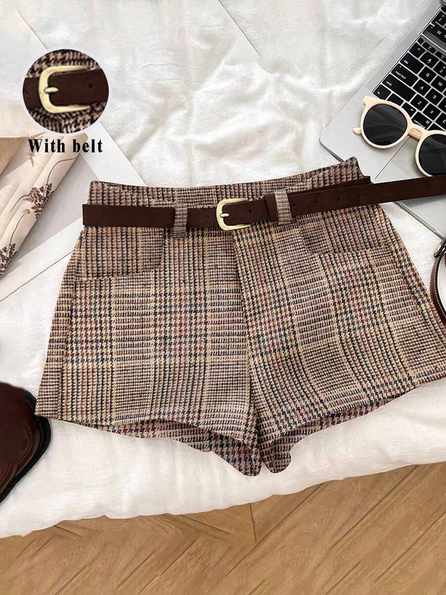 Franclia Petite Terno de lã xadrez versátil e retrô com cinto, versátil para outono/inverno, combinando com shorts casuais - Multicolorido - Ver 1