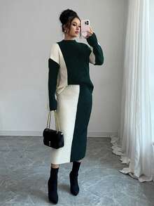 Elenzga طقم كنزة صوفية وتنورة نسائي من Aniusta بتصميم ألوان متباينة وطراز عتيق، رقبة طاقم، أنيق ومتعدد الاستخدامات للعطلات والمهرجانات الموسيقية والمعلمين، مناسب للخريف والشتاء