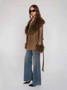 SHEIN ICON Women's Brown Faux Fur & Leather Patchwork Collar & Cuffs Shearling Long A-Line Windbreaker Coat, Commuting & Casual, Sexy, Autumn/Winter - Brown - View 4