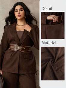 Roveilla Women's 2 Pieces Suit, Deer Velvet Blazer With Lapel, Front Button, Pockets, Long Sleeve, Paired With Loose Wide-Leg Pants, Elegant Office/Casual/Street Style, Autumn/Winter - Chocolate Brown - View 1