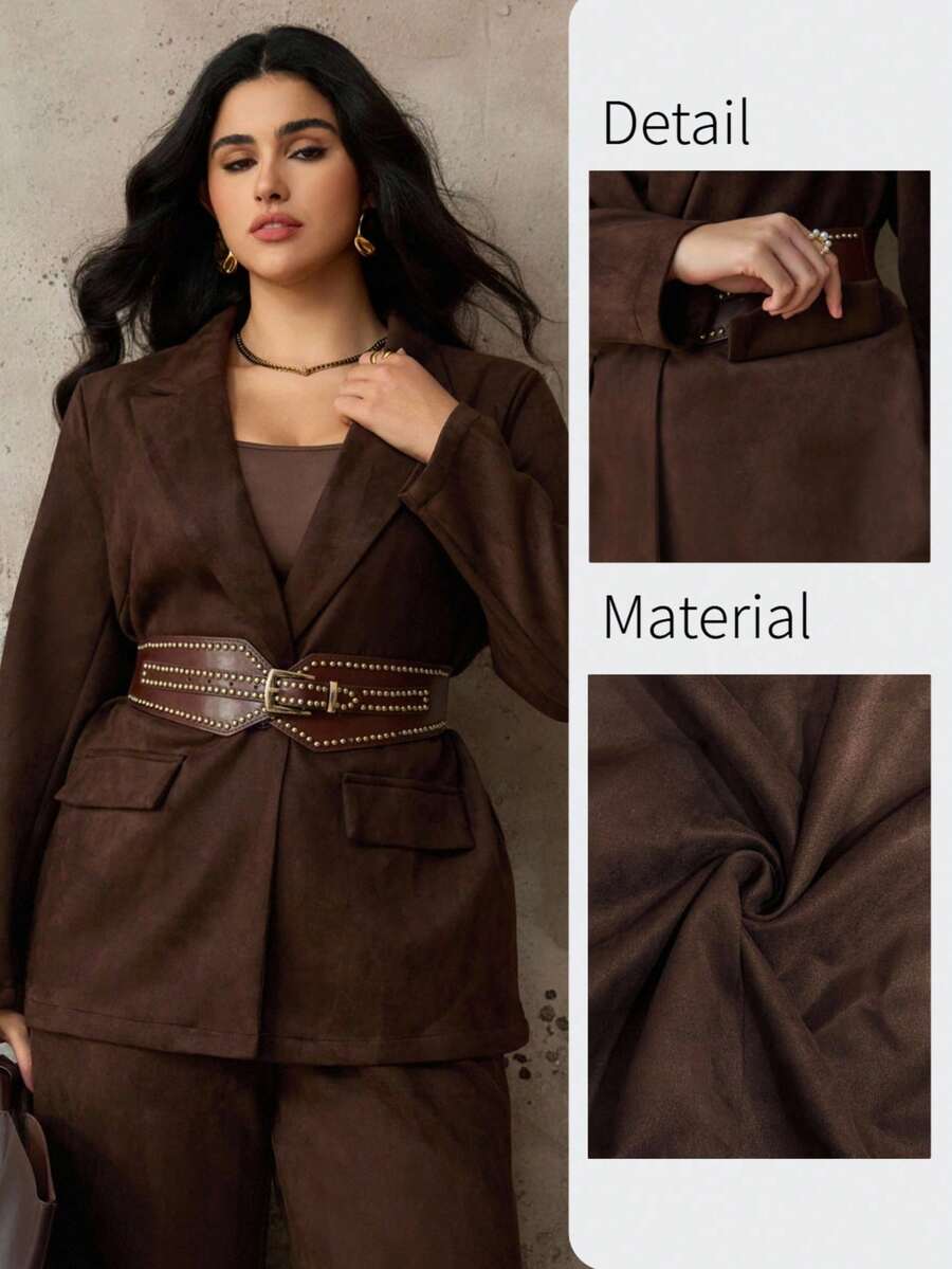 Roveilla Women's 2 Pieces Suit, Deer Velvet Blazer With Lapel, Front Button, Pockets, Long Sleeve, Paired With Loose Wide-Leg Pants, Elegant Office/Casual/Street Style, Autumn/Winter - Chocolate Brown - View 1