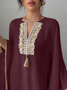 Rafferiza Women's V-Neck Fringe Design Batwing Sleeve Loose Elegant Dress - Burgundy - View 7