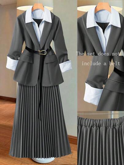 GlowEve CURVE 大码女式优雅通勤休闲装，撞色拼接西装外套和松紧腰褶皱 A 字裙套装