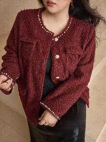 Dazy Plus 加大码红色新年圣诞节仿珍珠装饰宽松加厚保暖优雅外套，秋冬款 - 酒紅色 - 查看 7