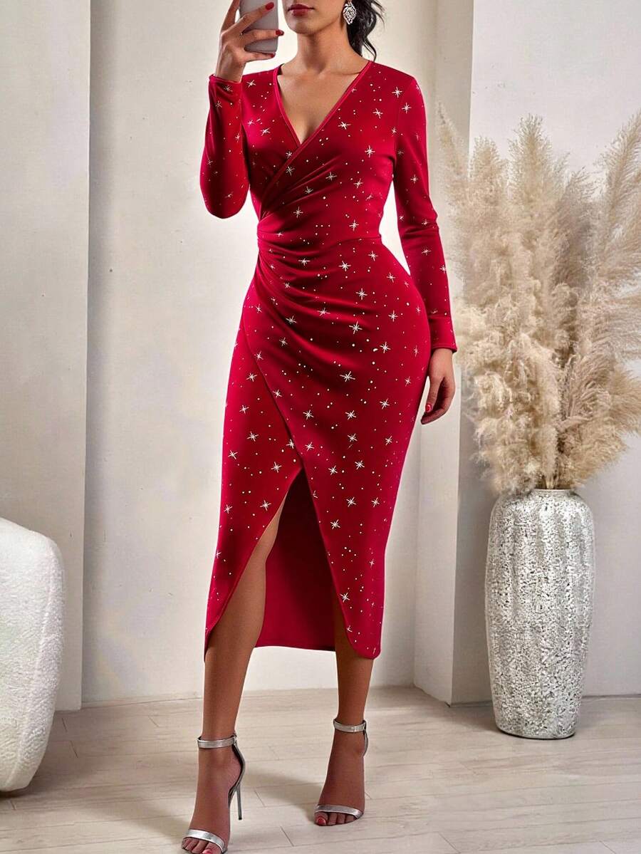 Women's Mid-Length Dress, Women's Slim Fit Elegant Red Sequin Dress, High Slit Dress, Sequin Dress, Christmas - Multicolor - View 1