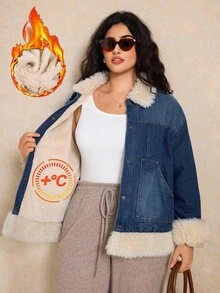 Elaquor Jachetă de catifea albastră din denim pentru mărimi mari, elegantă și călduroasă, franceză, haină casual și călduroasă, ținute de Ziua Recunoștinței, jachetă de zăpadă, haine de Crăciun - Spălare medie - Vizualizare 6