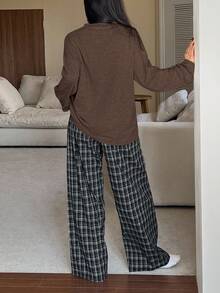 DAZY 2pcs Women Loose Comfortable Printed Long Sleeve T-Shirt And Plaid Pants Pajama Set, Fall & Winter Clothes - Coffee Brown - View 2