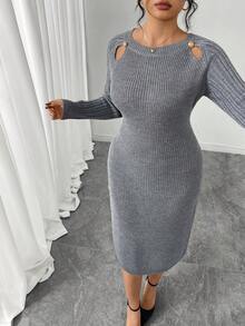 Elenzga Plus Size Women Hollow Out Solid Color Fitted Casual Knit Sweater Dress