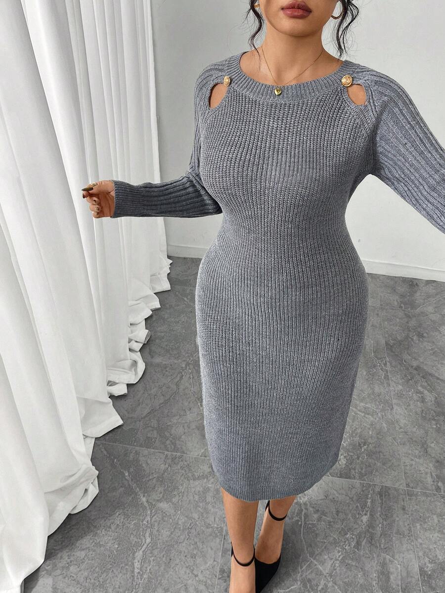 Elenzga Plus Size Women Hollow Out Solid Color Fitted Casual Knit Sweater Dress