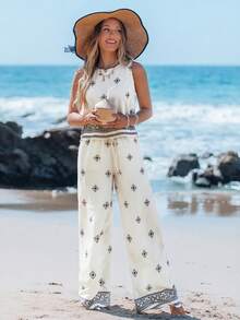 Sylviya 2pcs/Set Women Casual Patterned Button Decor Back Pants Set Beach Essentials Summer Outfits For Women Vacation Outfits Woman Beach Outfits For Woman Beach Business Casual Woman Women Summer Clothes Vacation Vacation Outfits Women Country Concert Outfit Two Pieces Summer Set Summer Clothes Women Beach Vacation Outfits Airport Outfit For Women Hawaii Outfits Women Old Money Style Women Bohemian Clothes Vacation Outfits Set With Pockets