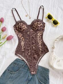 Soleia Leopard Print Bustier Lace Trim Bodysuit, Sexy Vacation/Holiday, Party, Date Night, Valentine's Day, Afternoon Tea - Brown - View 3