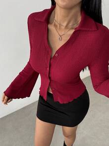 Flirla Women's Solid Color Single-Breasted Casual Flared Sleeve Blouse, Spring And Summer, Fall Clothes Women Shirt - Burgundy - View 3