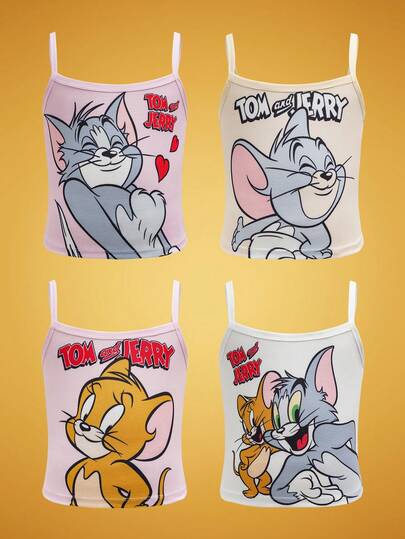 TOM & JERRY X SHEIN 4pcs Young Girl Cute Cartoon Print Camisole Top , Kawaii,Cute,Sweet,Character Tank Tops,Suitable For Everyday Wear, Girls Tanks Multipack, Girl Tanks Fall Winter