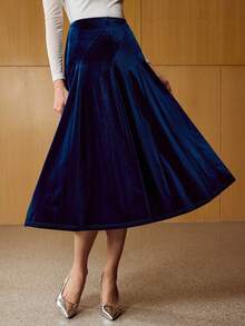 MOTF PREMIUM 秋冬不对称拉链天鹅绒A字裙 - 藍色 - 查看 5