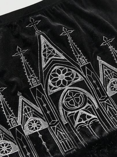 Goth Vintage Gothic Castle Cross Embroidered Velvet Bodycon Fluffy Mini Skirt