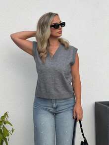 Jeta Ari Maglia smanicata donna in maglia larga con scollo a V, autunno e inverno, abbigliamento back to school - Grigio Scuro - Visualizzare 6