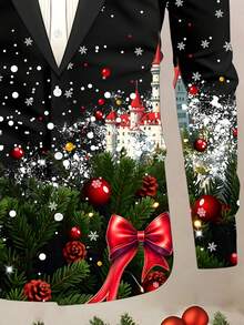 Manfinity AFTRDRK Cămașă cu mânecă lungă, croială slim, cu guler fals și imprimeu de castel de fulg de zăpadă de Crăciun, asortată pentru părinți și copii, pentru o atmosferă familială confortabilă