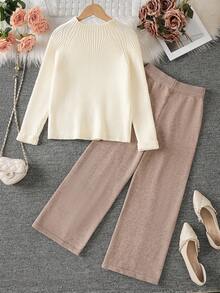 Sparklyn Tween Girls' Brown & White Sweater Set, Loose Fit Soft & Comfortable Pants, Suitable For Home, Vacation, Christmas Party, Halloween Party, New Year Party, Back To School, Winter - Apricot - View 8