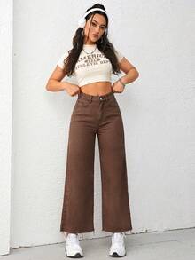 SHEIN ICON Jeans rectos de talle elástico con dobladillo deshilachado para mujer talla grande, color marrón café - Café integral - Ver 5