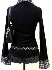 Rina Fox 全新复古二合一格子拼布黑色Polo领长袖T恤