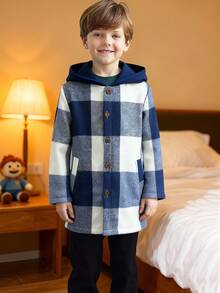 Genkimix Kids Young Boys' Fashionable Single Jacket, This Is A Woven Thick Plaid Patchwork Knit Fleece Hoodie Sweatshirt Jacket With Simple Elegant Button Design, Convenient To Wear, Suitable To Pair With Jeans Or Casual Pants, Suitable For Autumn/Winter, Daily Wear, School, Travel - Blue and White - View 6