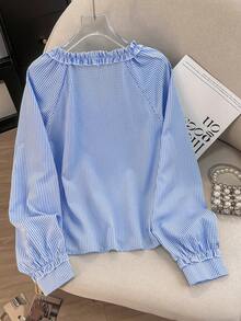 SHEIN 大码蓝白格子长袖衬衫 - 藍色 - 查看 2