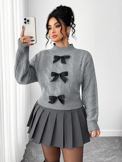 SHEIN PETITE CURVE Women's Fashion Casual Bowknot Cable Knit Long Sleeve Loose Fit Plus Size Sweater, Outerwear, Wedding Guest